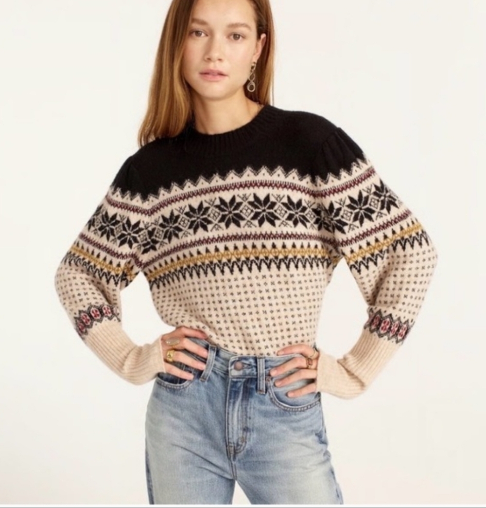 Bundle J Crew Fair Isle Puff Sleeve Supersoft Yarn Crewneck Sweater S & Vest XS
